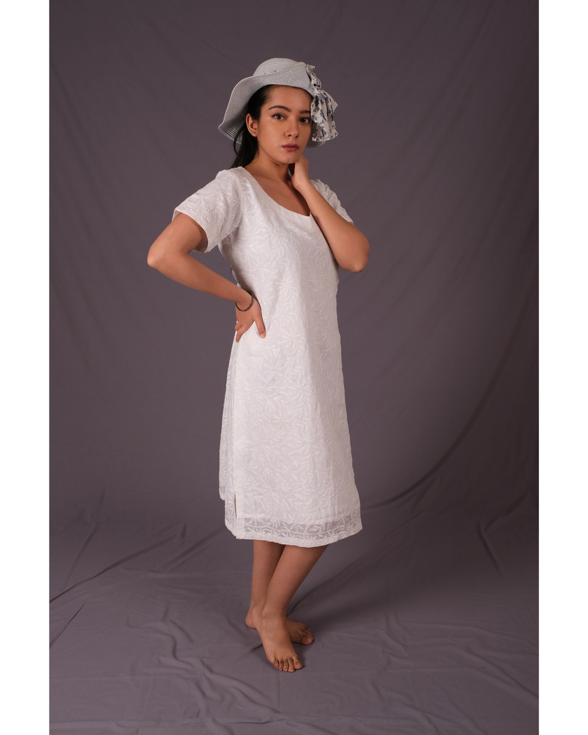 White Chikan A-Line Dress