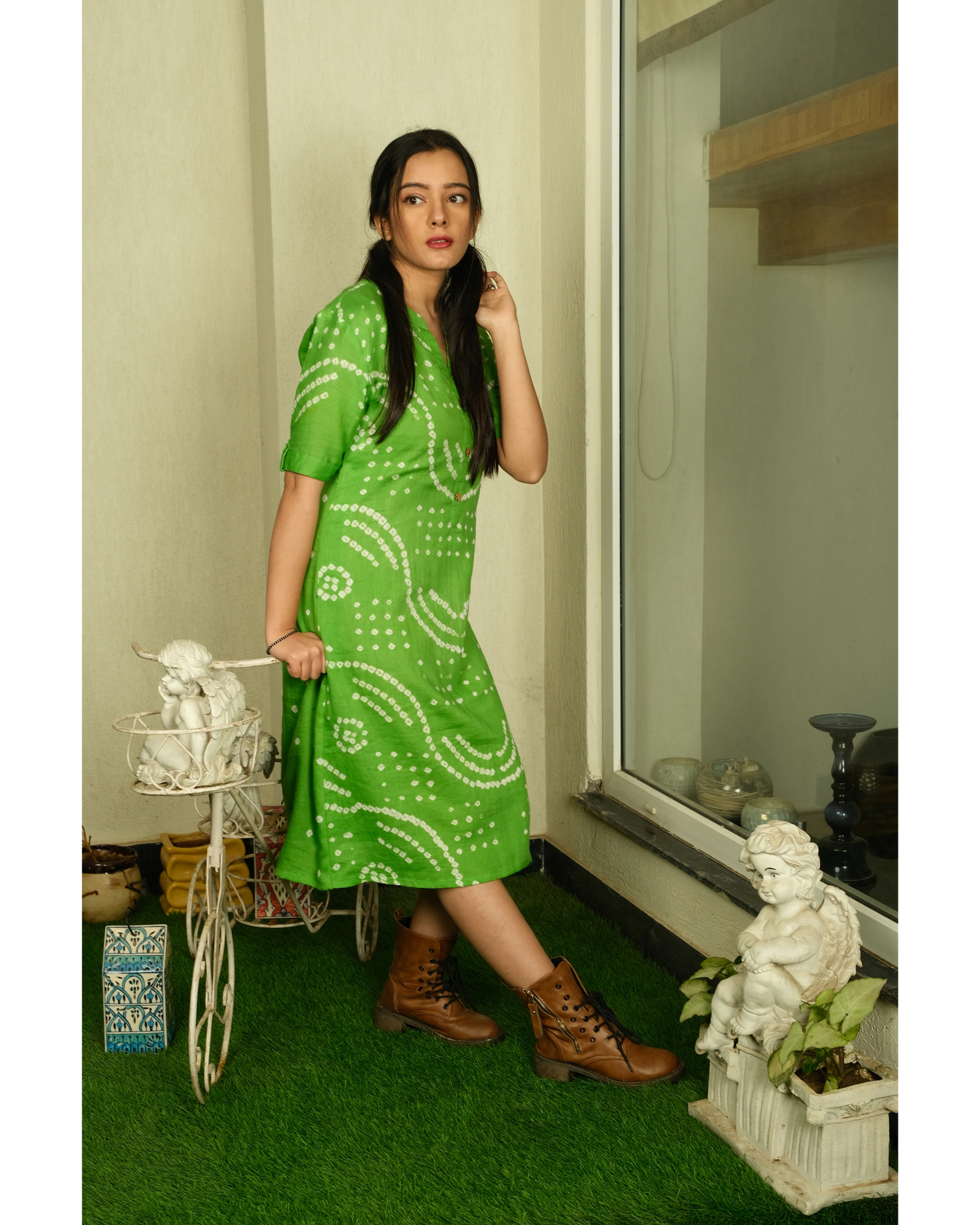 Parrot Green Bandhani pattern dress