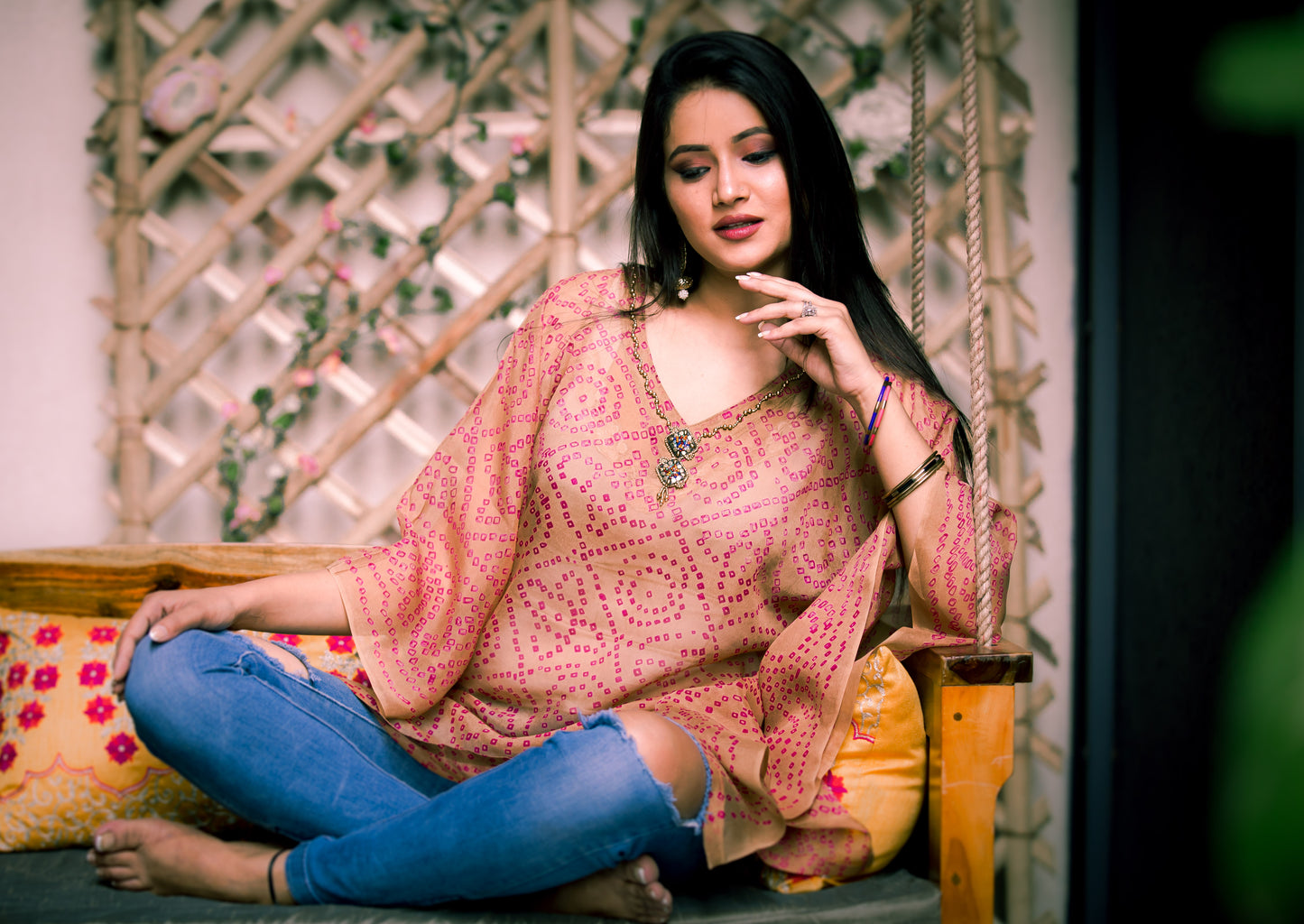 Pure Crepe Beige Kaftan with Motifs