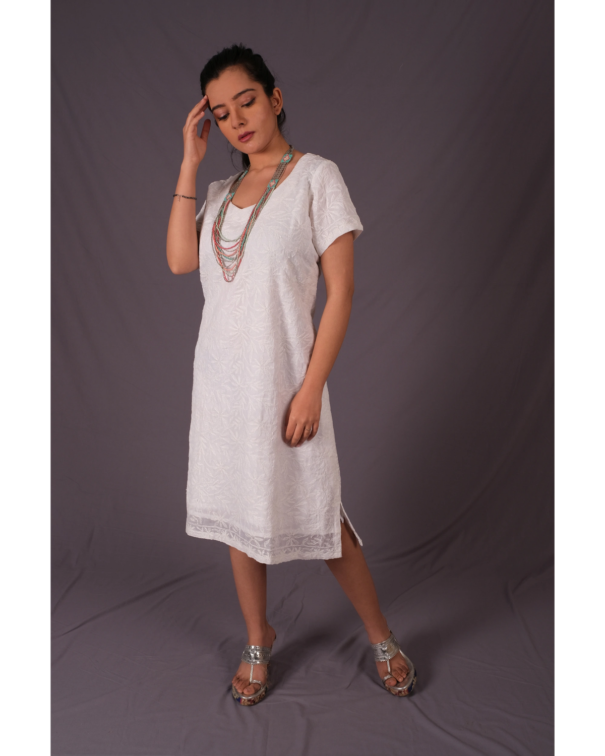 White Chikan A-Line Dress