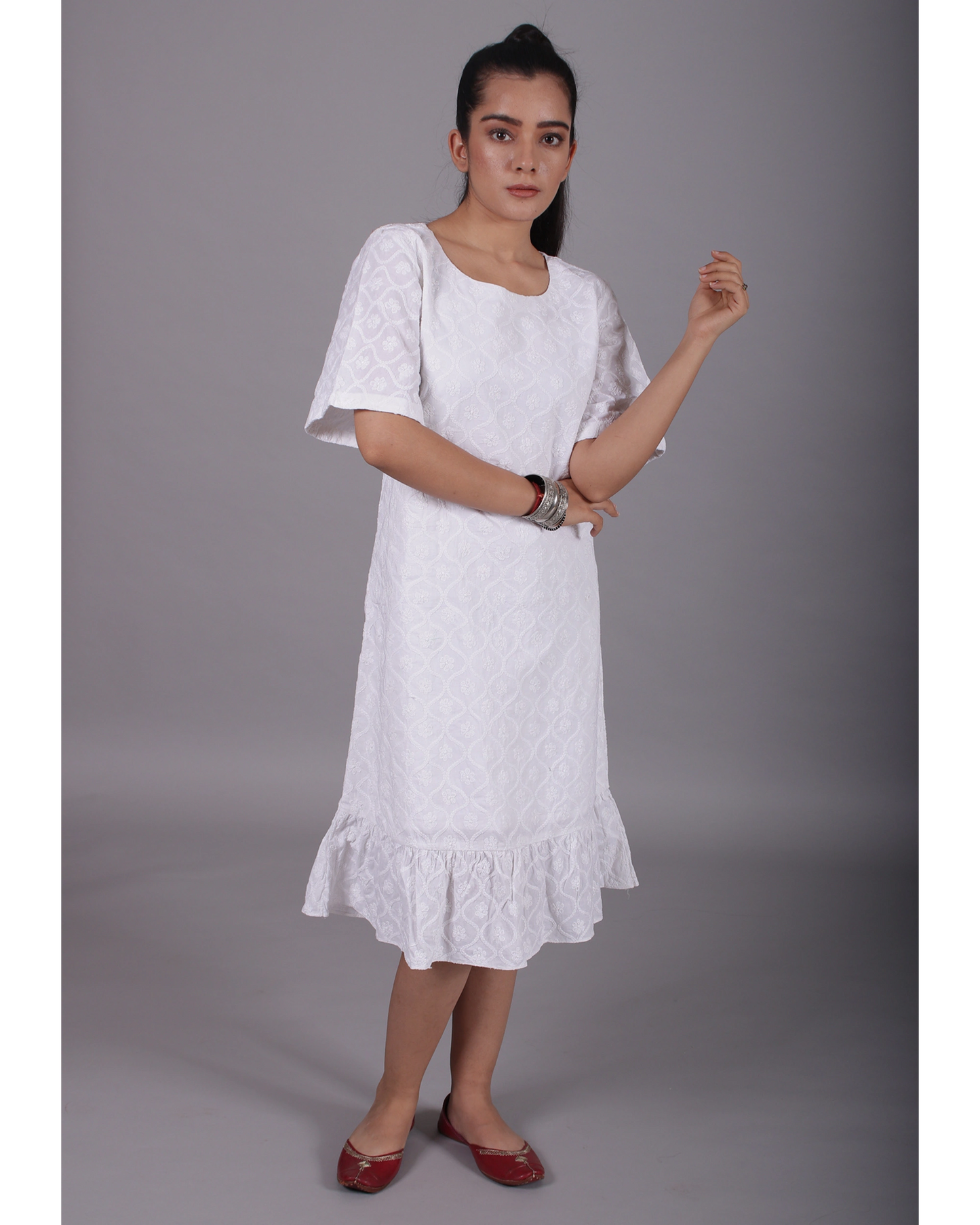White Chikan Short Sleeves Cotton Frill Border