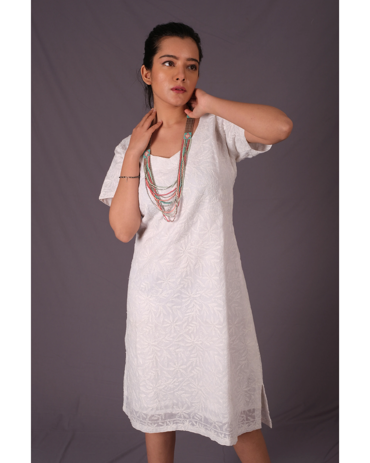 White Chikan A-Line Dress