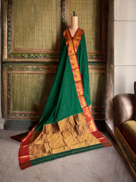 Dark green saree with Red border