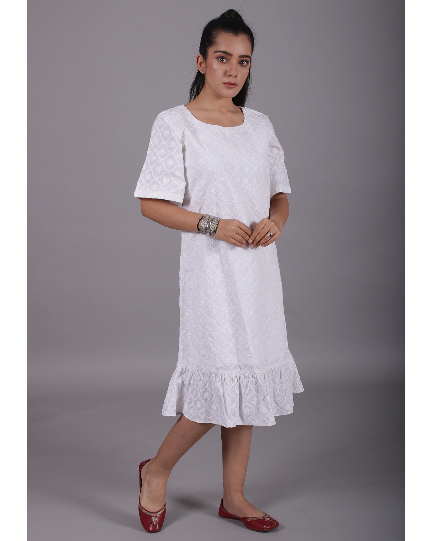 White Chikan Short Sleeves Cotton Frill Border