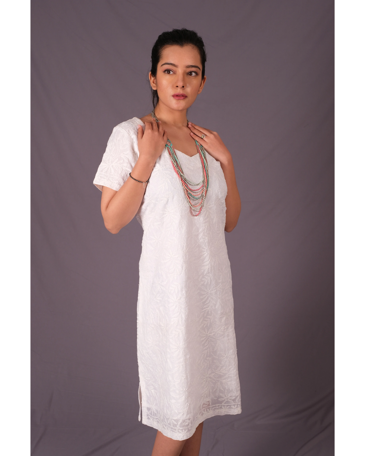 White Chikan A-Line Dress