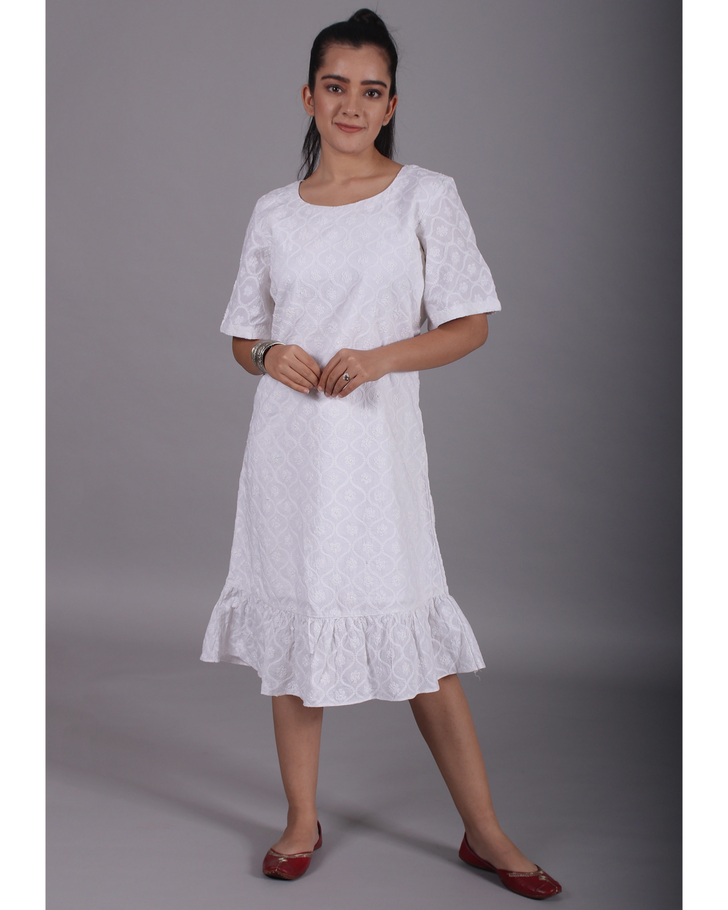 White Chikan Short Sleeves Cotton Frill Border
