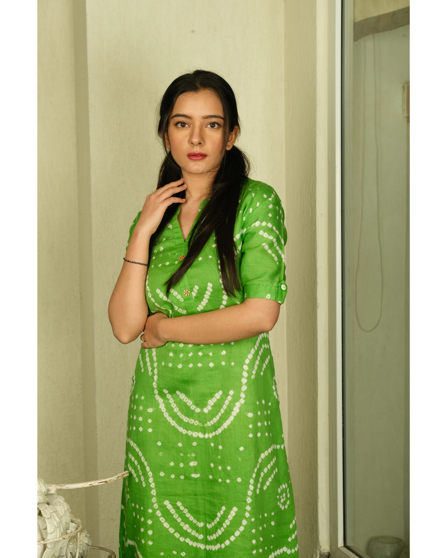Parrot Green Bandhani pattern dress