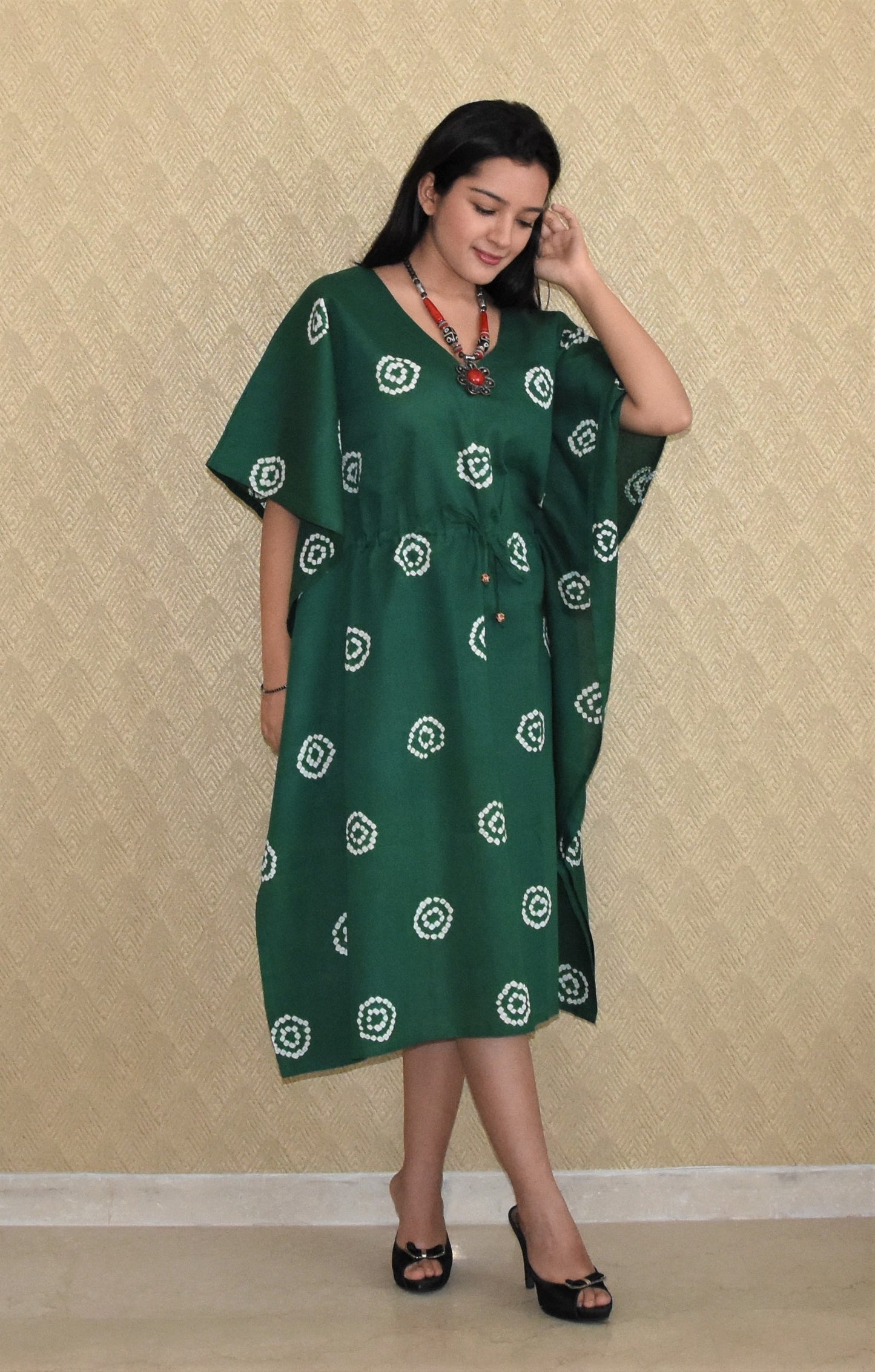 Rich green bandhani cotton kaftan