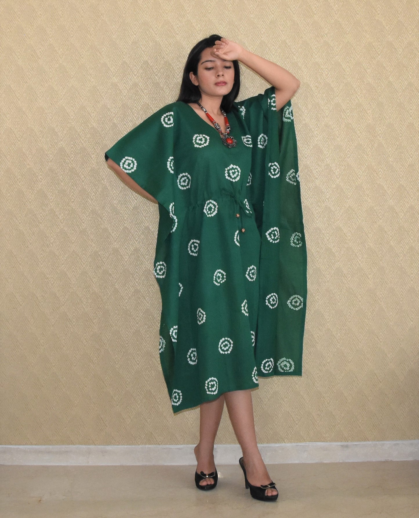 Rich green bandhani cotton kaftan