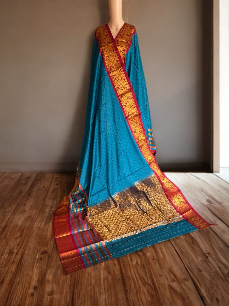 Peacock Blue saree with Red border