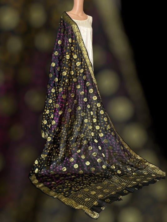 Black dupatta with multi-coloured bandhej