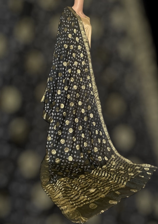 Black dupatta with white bandhej
