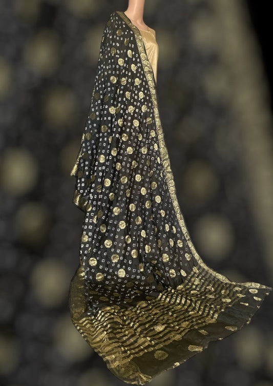 Black dupatta with white bandhej