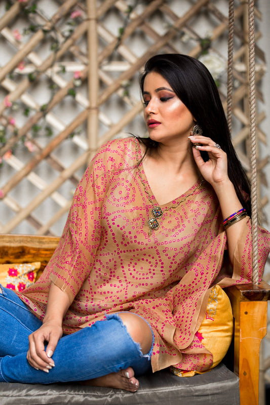 Pure Crepe Beige Kaftan with Motifs