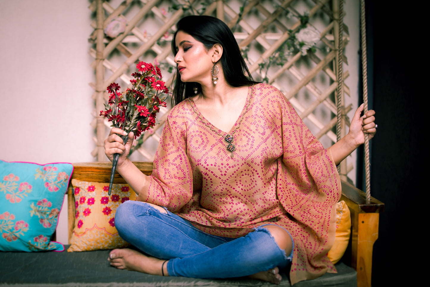 Pure Crepe Beige Kaftan with Motifs