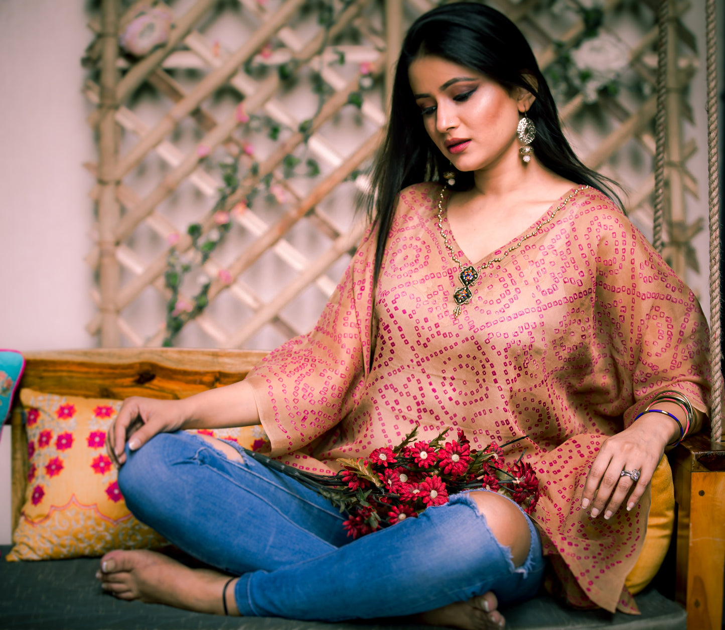 Pure Crepe Beige Kaftan with Motifs